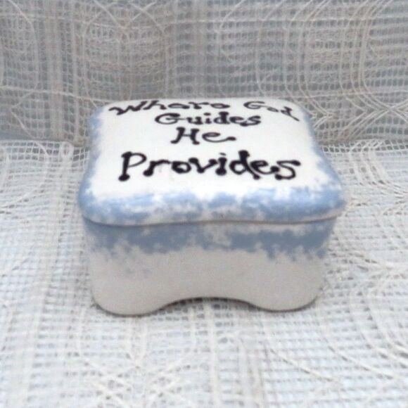 Handmade Ceramic Square Trinket Dish White and Blue Lidded With Message - Picture 3 of 9